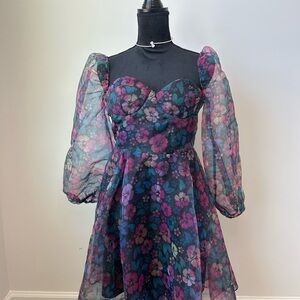 Sheer Puff Sleeve Floral Dress - Navy with Pink & Teal Flowers
